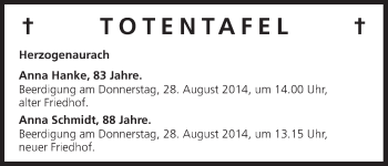 Anzeige von Totentafel, vom 26.08.2014 von MGO