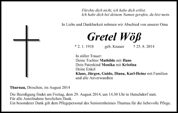 Anzeige von Gretel Wöß von MGO
