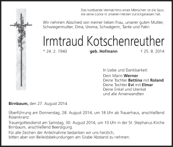 Anzeige von Irmtraud Kotschenreuther von MGO