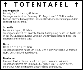 Anzeige von Totentafel vom 28.08.2014 von MGO
