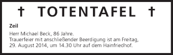 Anzeige von Totentafel vom 28.08.2014 von MGO