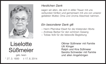 Anzeige von Liselotte Süßmeier von MGO