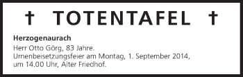 Anzeige von Totentafel vom 29.08.2014 von MGO