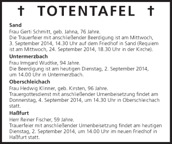 Anzeige von Totentafel 02.09.2014 von MGO