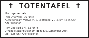 Anzeige von Totentafel 02.09.2014 von MGO