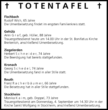 Anzeige von Totentafel 02.09.2014 von MGO