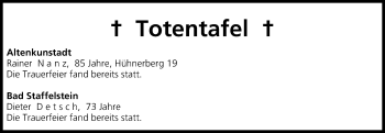 Anzeige von Totentafel vom 05.09.2014 von MGO