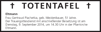 Anzeige von Totentafel vom 06.09.2014 von MGO