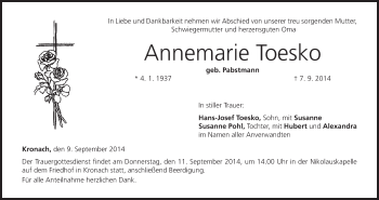 Anzeige von Annemarie Toesko von MGO