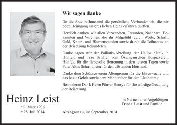 Anzeige von Heinz Leist von MGO