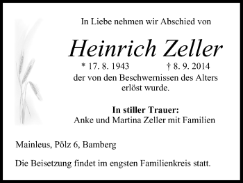 Anzeige von Heinrich Zeller von MGO