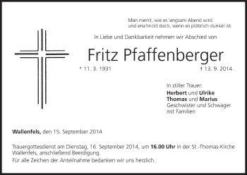 Anzeige von Fritz Pfaffenberger von MGO