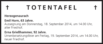 Anzeige von Totentafel vom 16.09.2014 von MGO