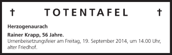 Anzeige von Totentafel vom 17.09.2014 von MGO