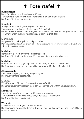 Anzeige von Totentafel vom 17.09.2014 von MGO