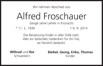Anzeige von Alfred Froschauer von MGO