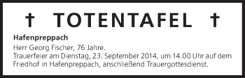 Anzeige von Totentafel vom 23.09.2014 von MGO
