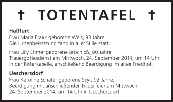 Anzeige von Totentafel vom 24.09.2014 von MGO