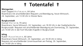 Anzeige von Totentafel vom 24.09.2014 von MGO