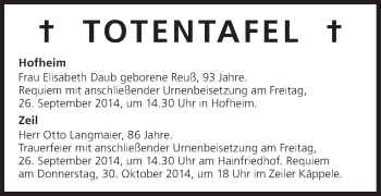 Anzeige von Totentafel vom 25.09.2014 von MGO