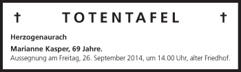 Anzeige von Totentafel vom 25.09.2014 von MGO