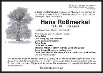 Anzeige von Hans Roßmerkel von MGO