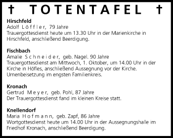 Anzeige von Totentafel vom 30.09.2014 von MGO