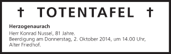 Anzeige von Totentafel vom 30.09.2014 von MGO