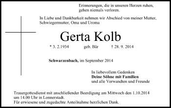 Anzeige von Gerta Kolb von MGO