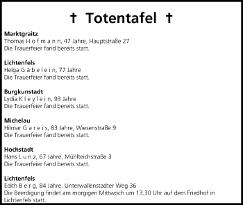Anzeige von Totentafel vom 07.10.2014 von MGO