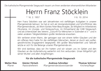 Anzeige von Franz Stöcklein von MGO