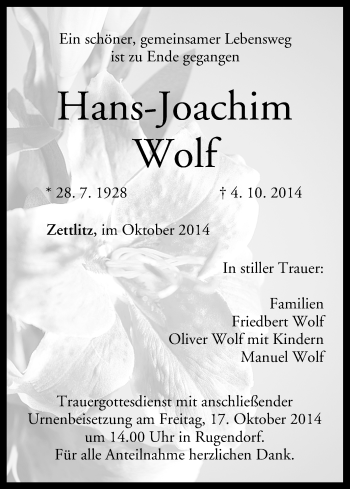Anzeige von Hans-Joachim Wolf von MGO