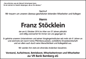 Anzeige von Franz Stöcklein von MGO
