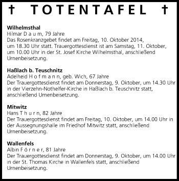 Anzeige von Totentafel vom 09.10.2014 von MGO