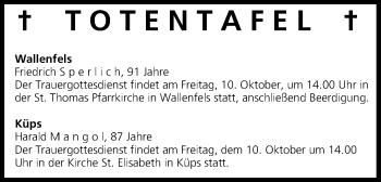 Anzeige von Totentafel vom 10.10.2014 von MGO