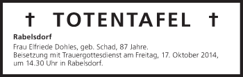 Anzeige von Totentafel vom 17.10.2014 von MGO