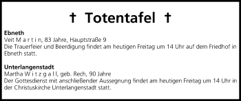 Anzeige von Totentafel vom 17.10.2014 von MGO
