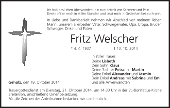 Anzeige von Fritz Welscher von MGO