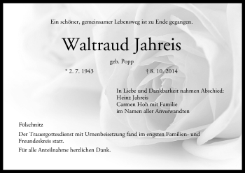 Anzeige von Waltraud Jahreis von MGO