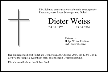 Anzeige von Dieter Weiss von MGO