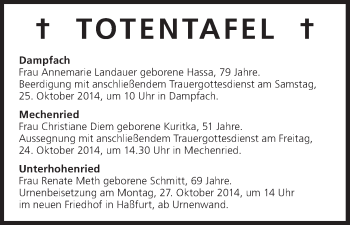 Anzeige von Totentafel vom 24.10.2014 von MGO