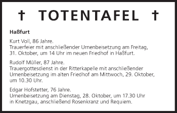 Anzeige von Totentafel vom 27.10.2014 von MGO