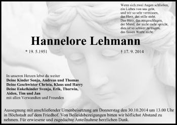 Anzeige von Hannelore Lehmann von MGO