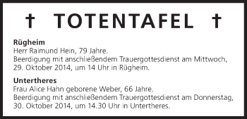 Anzeige von Totentafel vom 29.10.2014 von MGO