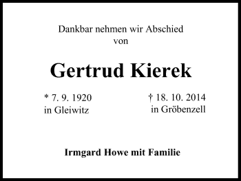 Anzeige von Gertrud Kierek von MGO
