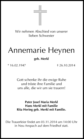 Anzeige von Annemarie Heynen von MGO