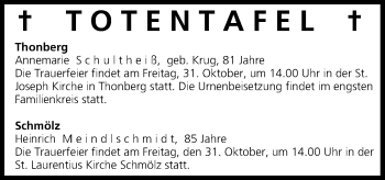 Anzeige von Totentafel vom 30.10.2014 von MGO
