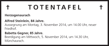 Anzeige von Totentafel vom 31.10.2014 von MGO