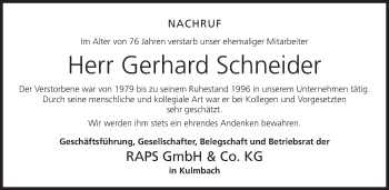 Anzeige von Gerhard Schneider von MGO
