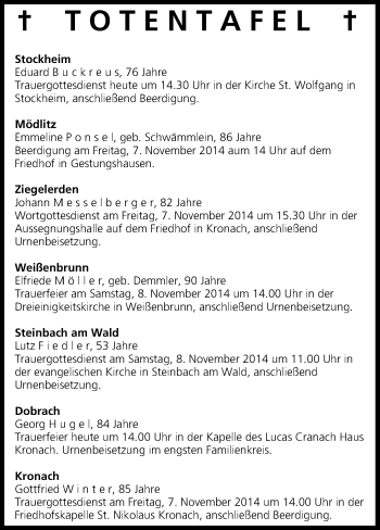 Anzeige von Totentafel vom 06.11.2014 von MGO
